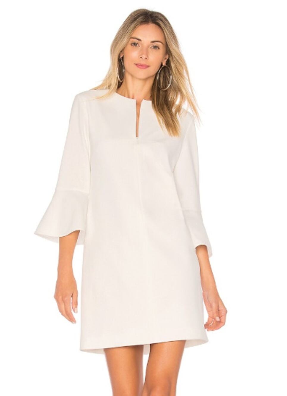 Tibi Bell Sleeve Dress White Split Neck Shift Back Zip Knee Length